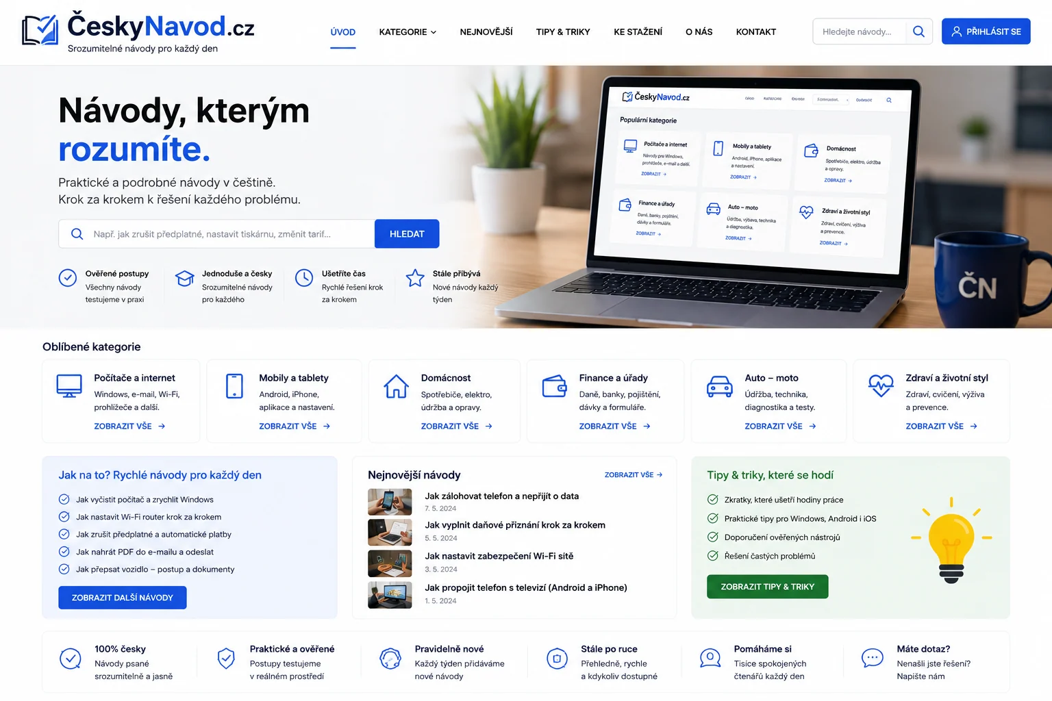 Vizuální návrh možného projektu CeskyNavod.cz zaměřeného na české návody, postupy a praktickou dokumentaci